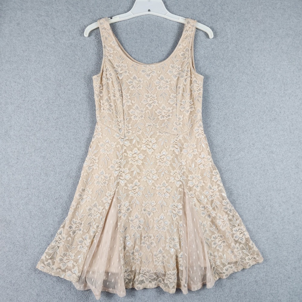 Lily Rose Fit & Flare Dress Womens Medium Beige Silver Floral Lace Metallic